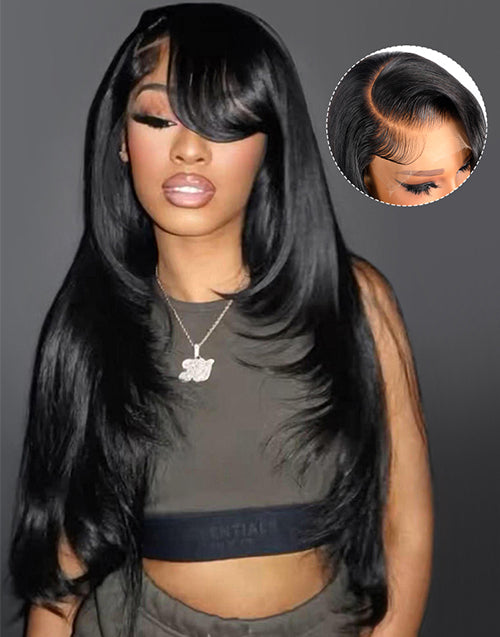 Layered Straight 13x5 Pre Cut Lace Wig With Sides Bangs Glueless Wig Human Hair