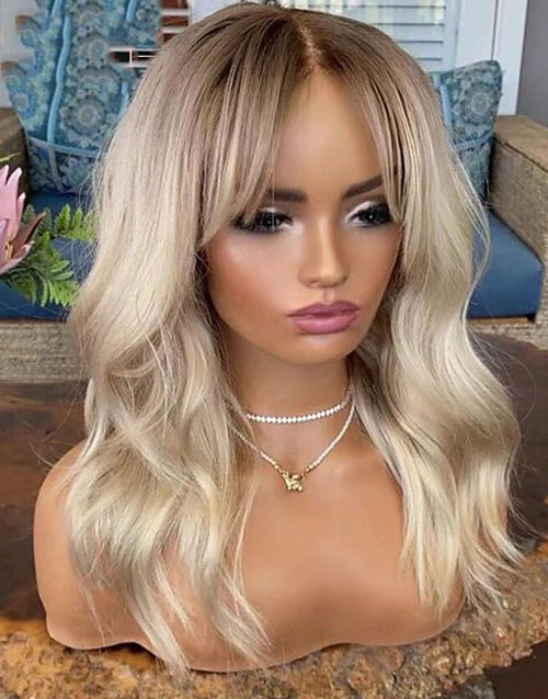 Werk-13x6 Deep Part Lace Front Curtain Bang Wigs Ombre Cream Blonde Wavy Wigs For Caucasian Women