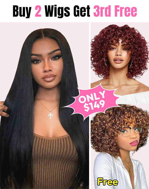 3 WIGS=$149|20" Straight 4x4 Pre Cut Lace Wig+10" Dark Red Curly Bob Wig With Bangs+10" Highlight Bob Curly Wig With Bangs Flash Deal