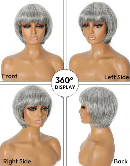 Maol- Salt And Pepper Highlights Grey Straight Bob Wig With Bangs Full Machine Silver Grey Wig