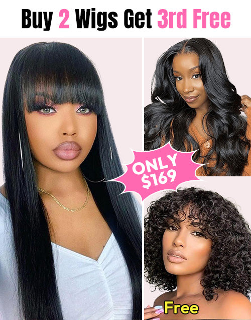 3 WIGS=$169|20" Body Wave 4x4 Pre Cut Lace Wig+20" Straight 4x4 Pre Cut Lace Wig With Bangs+10" Bob Curly Wig With Bangs Flash Deal