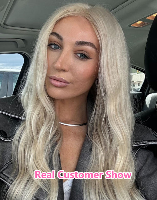 Real customer wearing a #60 platinum blonde body wave 13x4 lace front wig.