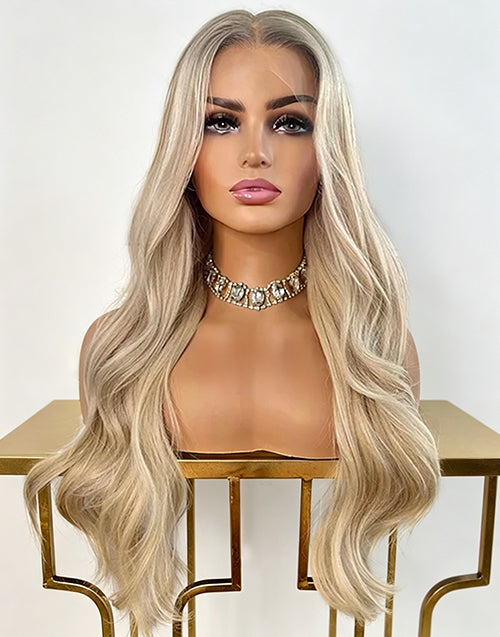[Ready To Ship]Creamy-Light Blonde Highlights Ash Roots Full Lace Wigs Glueless 13x6 Lace front Wig