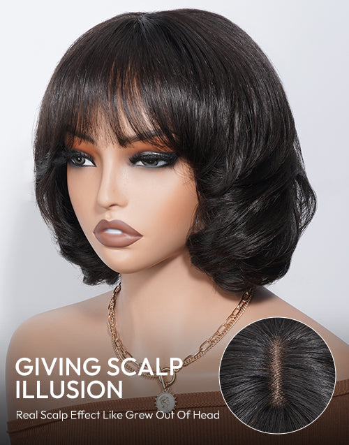 Yaimy- Minimalist Lace Layered Wolf Cut Short Wavy Bob Wig With Bangs Human Hair Glueless Wig