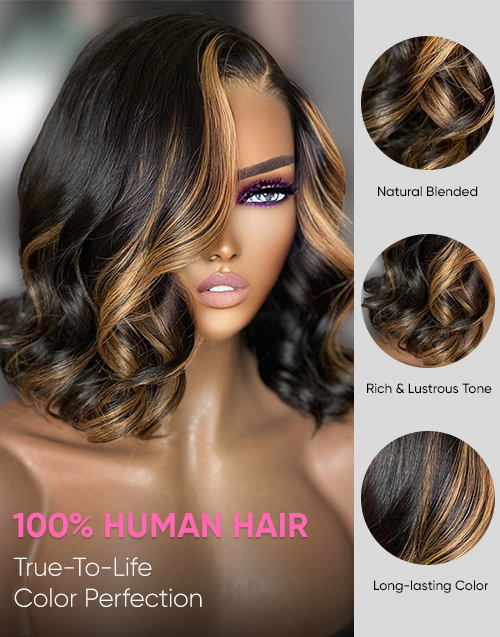 Tawnie- Highlight Honey Wavy Bob Wig Side Part Pre Cut Lace Human Hair Glueless Wig