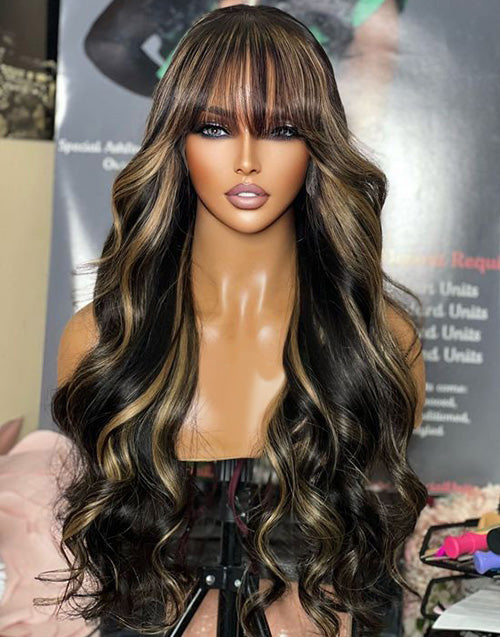 28" Long Length Highlight Honey Body Wave 4x4 Lace Glueless Wig With Bangs Flash Deal