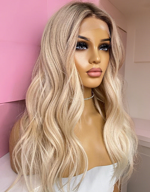 Kaimy- Ombre Blonde Wavy 13x4 Lace Front Wig Mid Length With Dark Roots For Women
