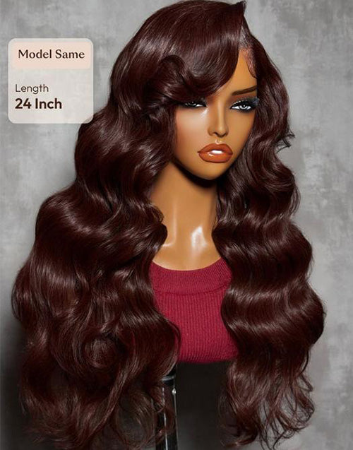 Shayla- Smart-Fit Pull Go Dark Auburn Side Part Big Bouncy Wave Glueless Wig Human Hair Pre Cut Lace