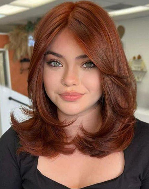 Hawa-Copper Red Layer Cut Wavy Bob Wig With Curtain Bangs Glueless Mid-Length Luxury Wig