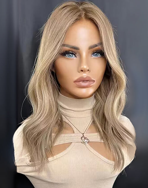 Semy-Medium Length Warm Blonde Highlight Wig With Dark Brown Roots Human Hair 13x6 Lace Front Wig