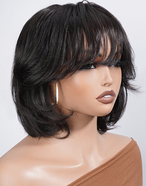 Yaimy- Minimalist Lace Layered Wolf Cut Short Wavy Bob Wig With Bangs Human Hair Glueless Wig
