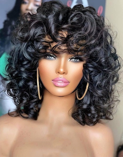 Dora- Short Bouncy Curly Human Hair Wig With Bangs Rose Curly Hair Natural Black Color
