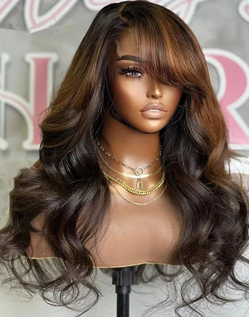 26" Chestnut Brown Ombre Highlight Wavy 13x4 Real HD Lace Front Wig With Side Bangs 200% Density Flash Deal