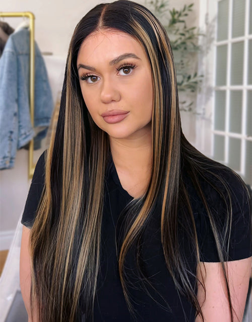 Winey- Piano Honey With Black Highlight Color Straight 13x5 Glueless Pre Cut Lace Wigs For Women