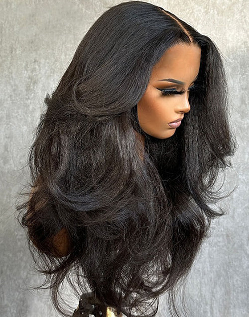 22" Kinky Straight Wave Wig 2 Styles Randomly Transform 7x5 Pre Cut Lace Flash Deal