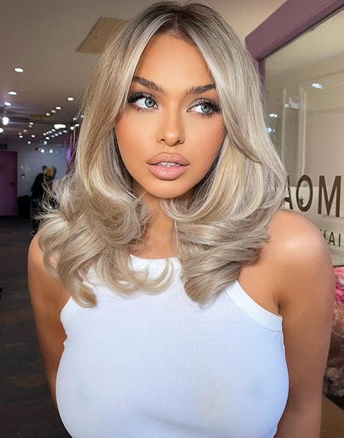Lyra-Curtain Bangs Highlight Blonde Wavy Bob 13x4 Lace Front Wig With Dark Roots Glueless Wig For Women