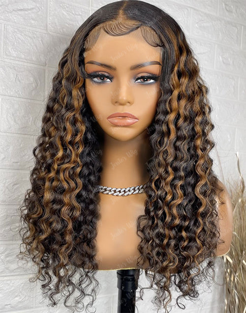 Piano Brown Deep Curly 4x4 HD Lace Wig Glueless Preplucked Highlight Human Hair Wig
