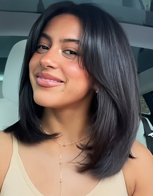 12" Curtain Bangs Bob Layered Cut Wig Pre Cut 7x5 Lace Flash Deal