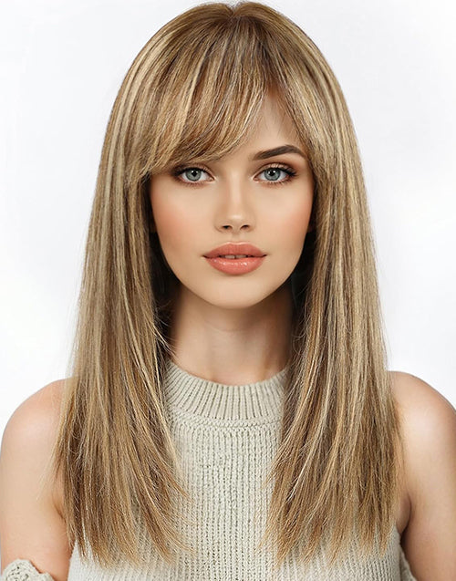 Mignon- Brown Mixed Blonde Curtain Bangs Layered Straight Wig With Bangs 13x4 Lace For Women Daily Wig