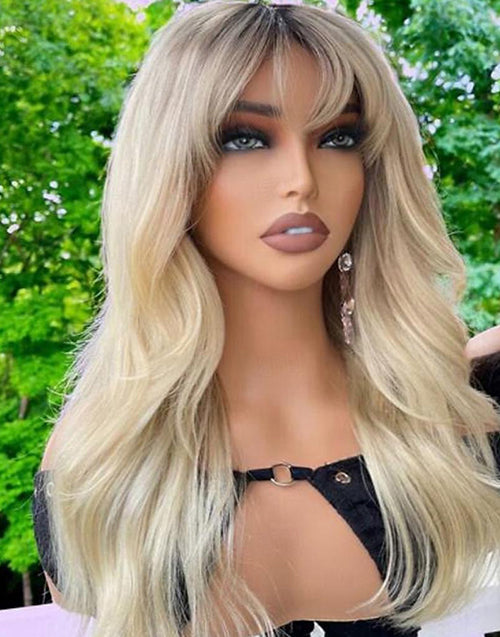 16" 18" 20“ 22" Ombre Blonde Curtain Bangs Glueless Wavy Lace Wig Flash Deal