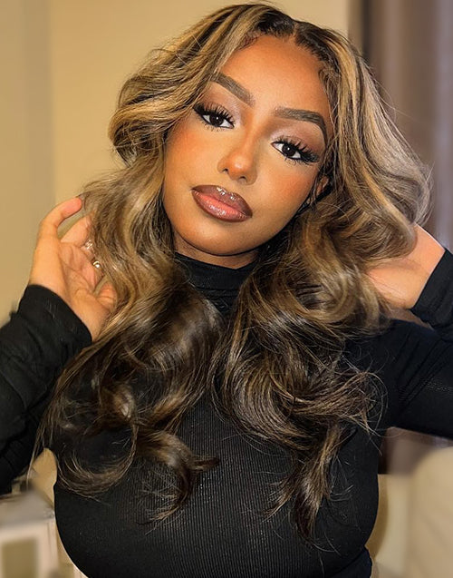 Eileen- Smart-Fit Pull Go Black With Honey Blonde Highlights Glueless Wavy 13x5 Pre Cut Lace Front Wig Piano Colored Human Hair Wig