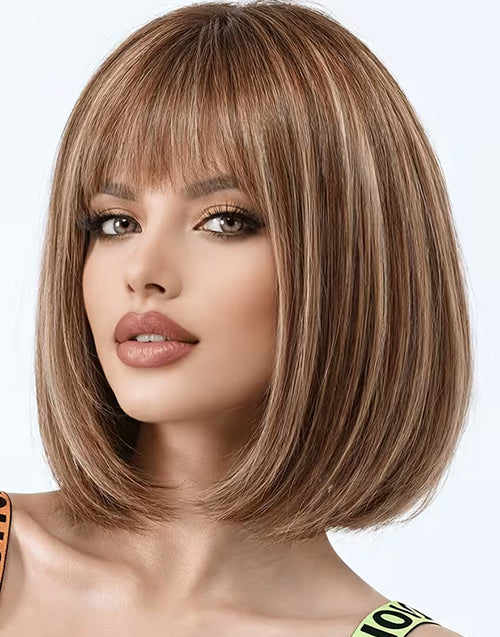 Dra- Minimalist Lace Highlight Honey Brown Straight Blunt Cut Bob Wig With Bangs Glueless Wig