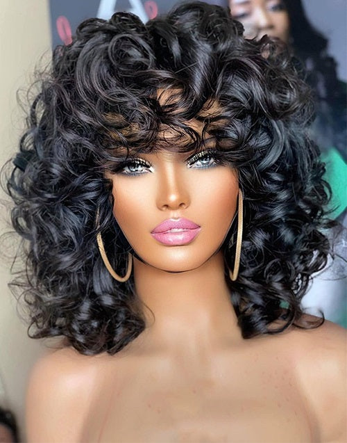 Dora- Short Bouncy Curly Human Hair Wig With Bangs Rose Curly Hair Natural Black Color