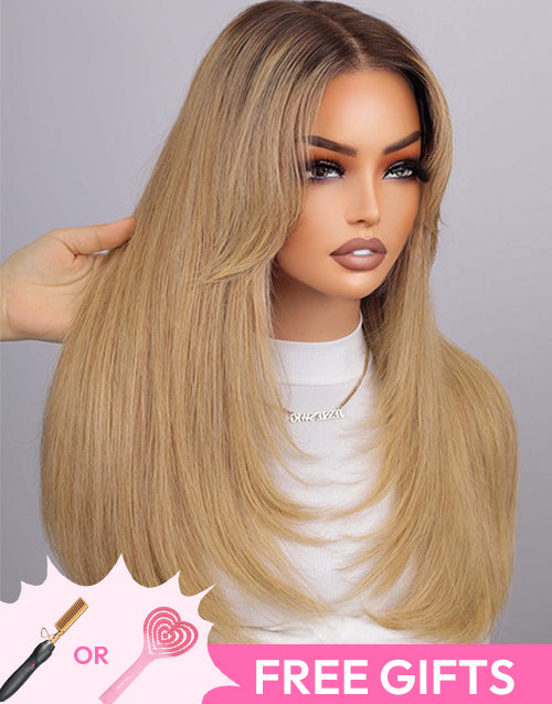 16" Ombre Light Brown Honey Curtain Bangs Layered Straight Wig Pre Cut 7x5 Lace Flash Deal