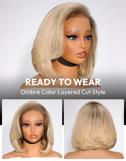 Jova- Ombre Blonde Layered Cut Short Straight Bob Ready To Go Glueless Wig 13x4 Pre Cut Lace