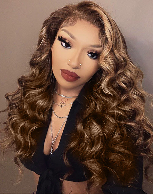 Aurora- Highlights Honey Brown Loose Wavy 13x4 Frontal Lace Glueless Wig Human Hair