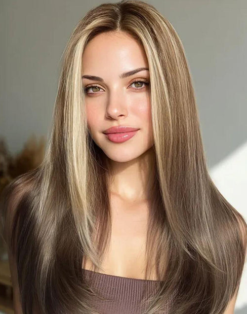 Ofelia- Highlight Brown Blonde Layered Cut Straight 13x4 Lace Front Wig For Women