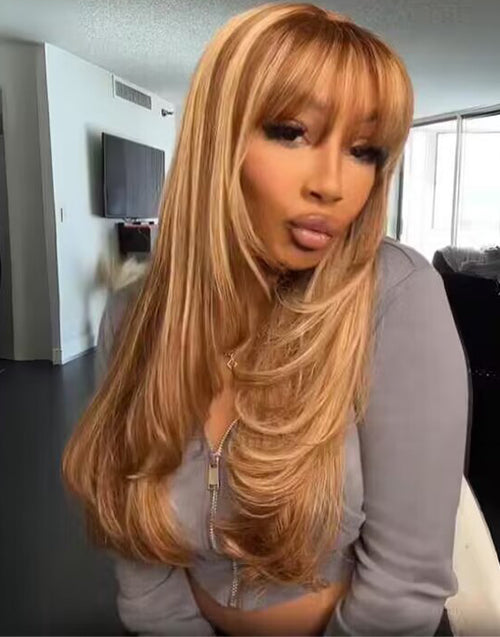 20" Highlight Brown Straight Layer Cut Wig With Bangs Pre Cut 6x5 Lace Flash Deal