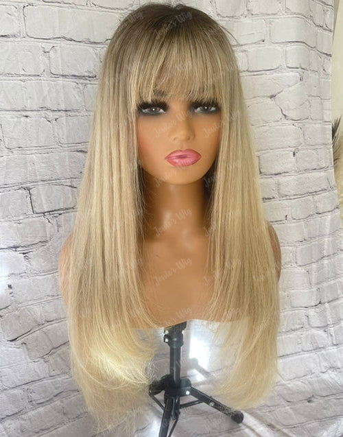 Elisa-Ash Blonde Light Golden Balayage Straight Full Lace Human Hair Layer Cut Wig With Fringe Bangs Highlights Wig