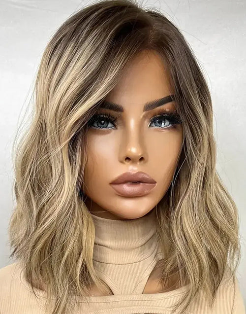 Casey-Ombre Blonde With Brown Root Short Wavy Bob Wig Raw Human Hair 13x4 Lace Top Jewish Wigs For Women