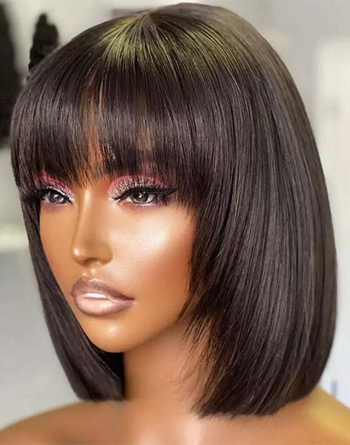 Plus 30% Off 10" 12" 14" 99J Brown Black Color Layer Cut Straight Bob Wig With Bangs Glueless Wigs Flash Deal