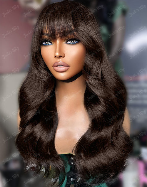 16" Dark Brown Body Wave 13x5 Lace Front Glueless Wig With Bangs Flash Deal