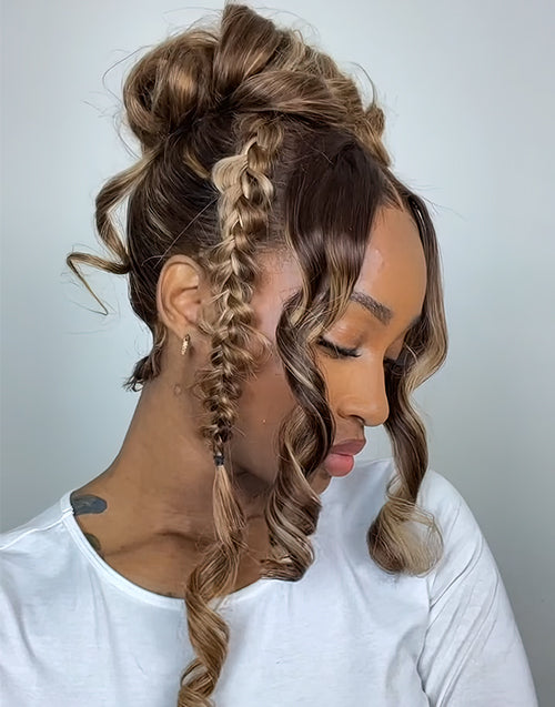 Invisi Strap Drawstring 360 Lace Wig Highlight Honey Brown Wavy Wig Do Updo/Bun/Braids Style By Yourself