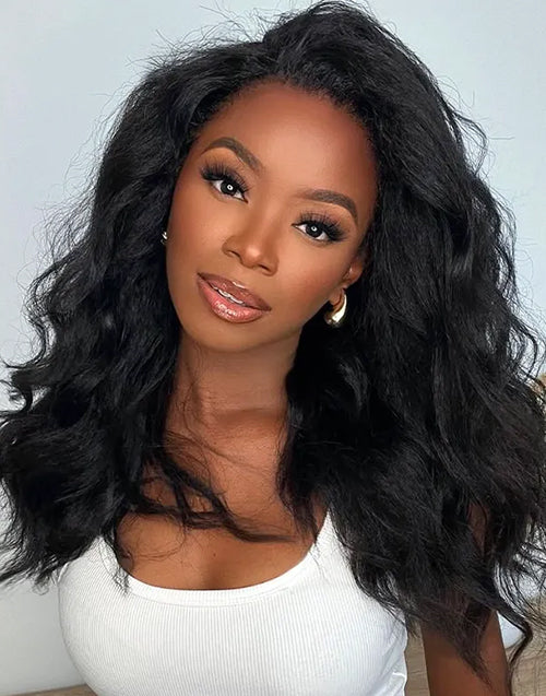 22" Kinky Wave Half Wig Human Hair Blow Out Style 1 Wig 3 Different Looks Flash Deal