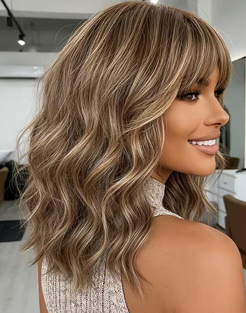 Latasha- Light Chestnut Highlights With Amber Golden Wavy Bob True-Hold Glueless 5.5x5.5 Lace Wig For Women 100% Human Hair
