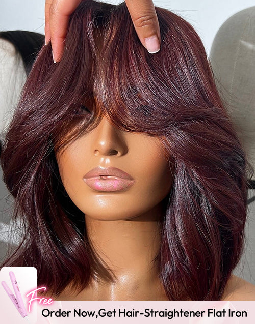 14" 99J Curtain Bangs Wavy Bob Pull Go Glueless Wig Pre Cut 13x5 Lace Flash Deal