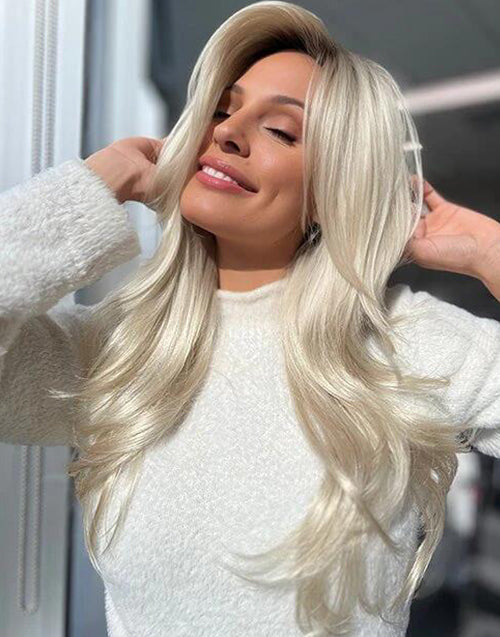 Joel- Platinum Blonde Highlight Layered Cut Wavy Wig With Curtain Bangs Dark Root 13x4 Lace Wigs For Women