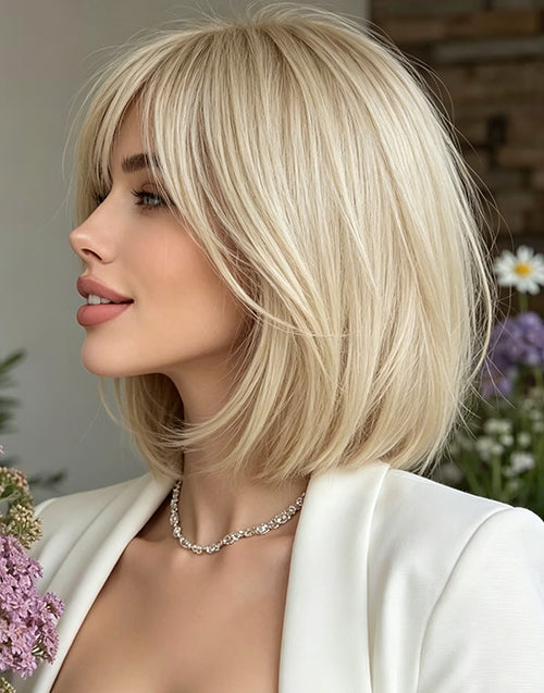 Dalas- Shag Cuts Golden Platinum Straight Slight Layered Bob Wig With Curtain Bangs For Women