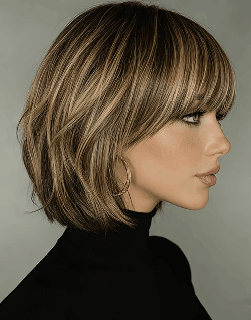 [Ready To Ship Only For US]Berry- Minimalist Lace Wig Balayage Golden Blonde Bob Wig With Bangs 100% Human Hair