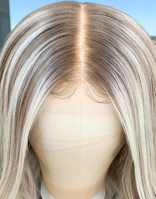 Cassie- Light Blonde With Brown Highlight Wavy 13x4 Lace Wig Mid Length For Women