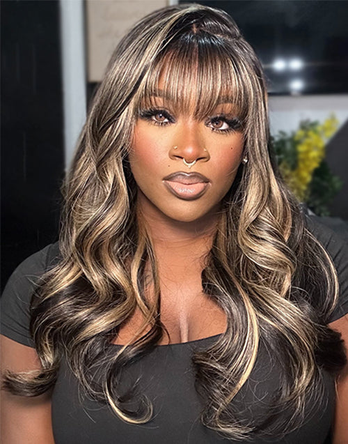 Shawn- Highlight Honey Body Wave Wig With Bangs Glueless Wigs Pre Cut Lace