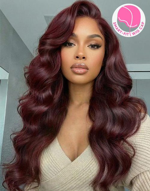 Shayla- Smart-Fit Pull Go Dark Auburn Side Part Big Bouncy Wave Glueless Wig Human Hair Pre Cut Lace