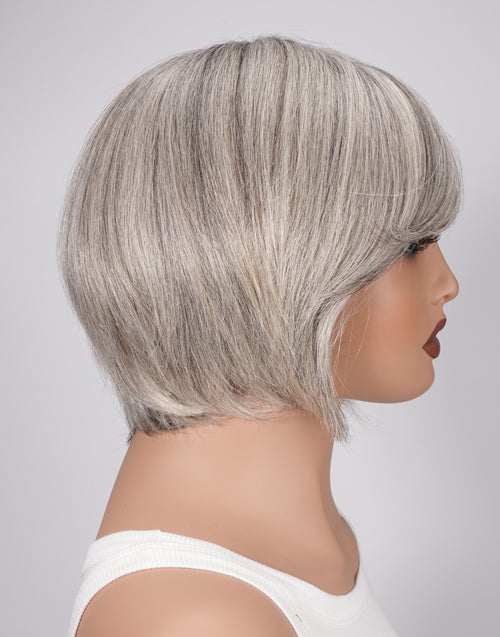 Toya- Highlight Light Grey Straight Wig With Side Bangs Full Basic Cap 100% Human Hair Wigs Short Cut Style