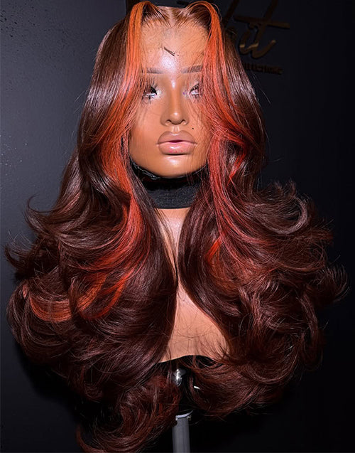Aby- Full 250% Density Hightlight Wig With Ombre Brown And Orange Wavy Wig Pre Cut Lace