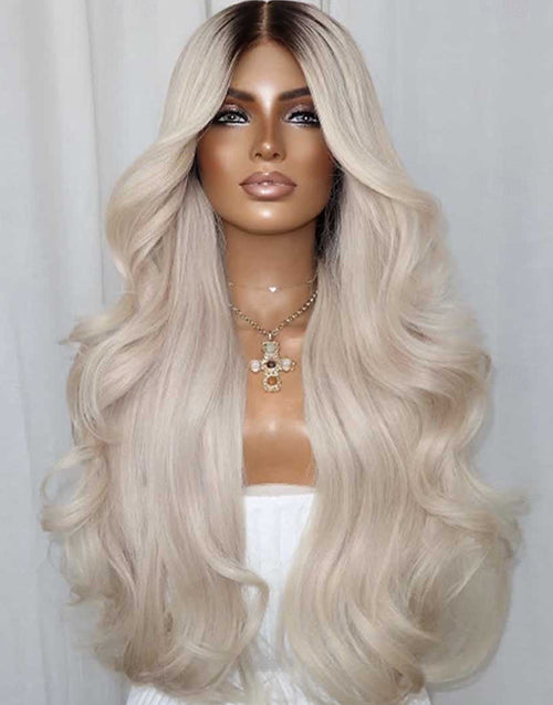 Latori- Ombre Blonde Wavy Wig With Black Roots True-Hold 5.5x5.5 Lace Gluless Wig