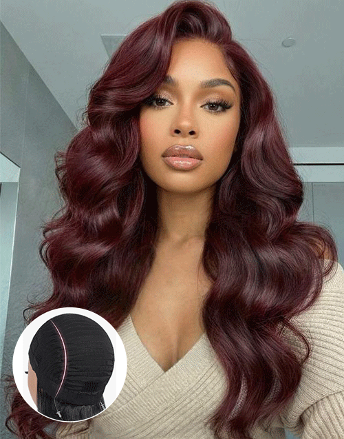 Shayla- Smart-Fit Pull Go Dark Auburn Side Part Big Bouncy Wave Glueless Wig Human Hair Pre Cut Lace